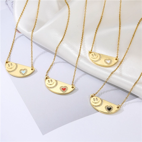 Mode Kupfer Zirkonia Lächeln Gesicht Herz Anhänger Halskette Gold Platin Überzogen Halbkreisförmige Emaille Schmuck Für Damen