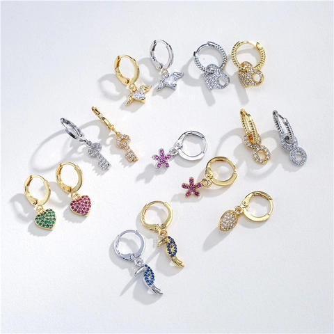 Copper Zirconia Huggie Hoop Earrings For Women Heart Flower Bird Key Pendant Micro Inlaid Multicolor Cubic Zirconia Dangle Earrings Jewelry Gift