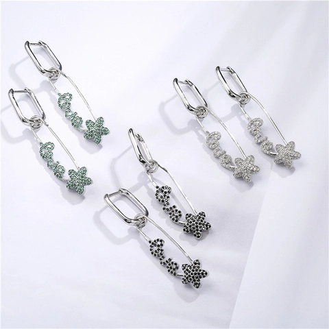 Fashion Copper Safety Pin Drop Earrings Inlaid Zirconia Love Letter Star Pendant Dangle Earrings For Women Jewelry Gift