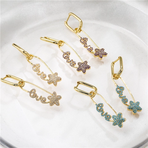Fashion Copper Safety Pin Drop Earrings Inlaid Zirconia Love Letter Star Pendant Dangle Earrings For Women Jewelry Gift