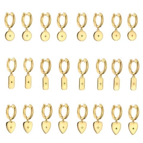 18K Gold Plated Copper Zirconia Earrings For Women Vintage North Star Geometric Heart Rectangle Round Pendant Hoop Earrings
