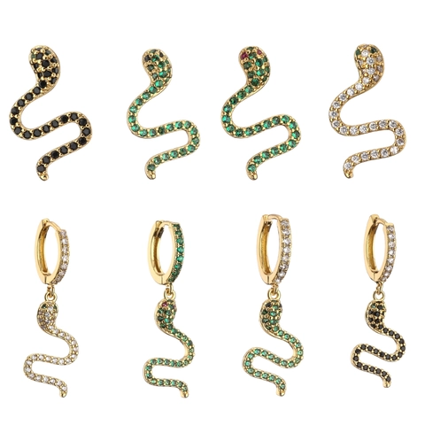 Luxury Gold Plated Copper Micro Pave Zircon Snake Dangle Earrings And Studs For Women Exotic Animal Fashion Jewelry
