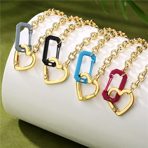 Fashion Gold Plated Copper Chunky O-Chain Necklace With Heart Carabiner And Color Safety Pin Pendant Industrial Punk Jewelry