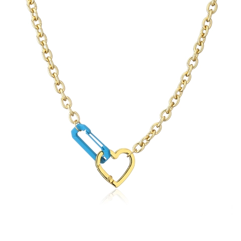 Fashion Gold Plated Copper Chunky O-Chain Necklace With Heart Carabiner And Color Safety Pin Pendant Industrial Punk Jewelry