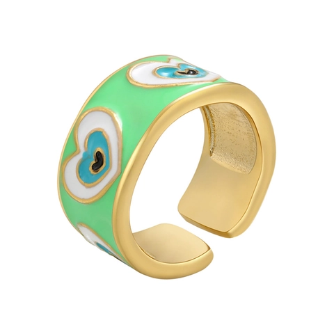 Heart Shaped Devil Eye Pattern Open Ring Gold Plated Copper Colorful Enamel Adjustable Band Bohemian Jewelry For Women