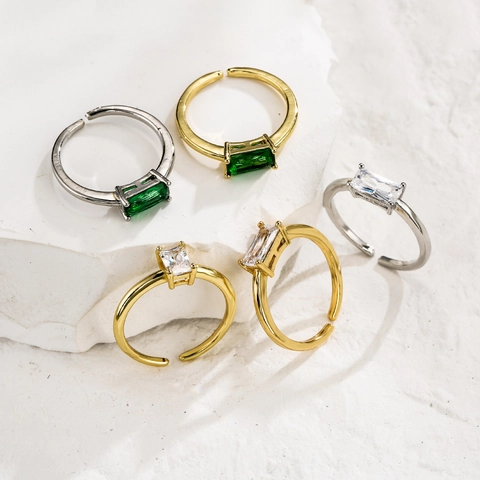 Western Style Copper Emerald Cut Rhinestone Open Ring For Women Adjustable Square Green Clear Gemstone Statement Geometric Jewelry