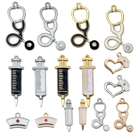 Zinc Alloy Enamel Medical Theme Charms Rhinestone Stethoscope Syringe Nurse Hat Pendants For DIY Jewelry Making Bracelet Necklace