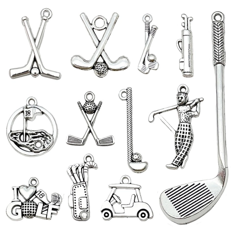 Breloques de Sport en Alliage Argent Antique DIY Club de Golf Ballon de Football Basketball Pendentifs pour la Fabrication de Bijoux Décoration