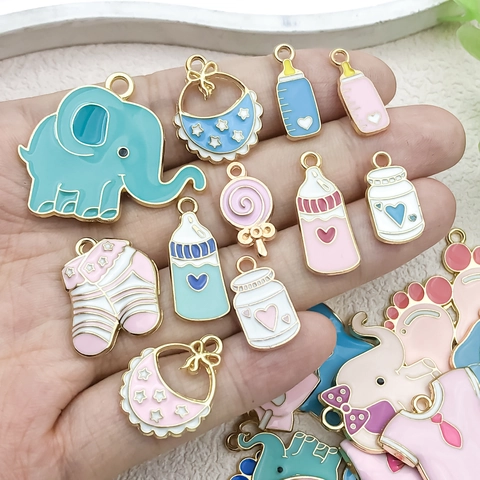 Colgantes de Aleación de Esmalte con Tema de Bebé de Dibujos Animados DIY Dijes Elefante Biberón Ropa Huella para Joyería