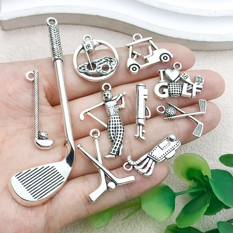 Breloques de Sport en Alliage Argent Antique DIY Club de Golf Ballon de Football Basketball Pendentifs pour la Fabrication de Bijoux Décoration