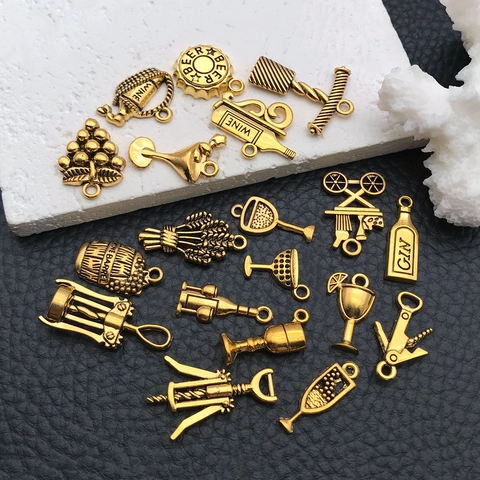 Vintage Gold Alloy Wine Theme Pendants Charms Assorted Wine Bottle Cup Opener DIY Necklace Bracelet Jewelry Making Findings