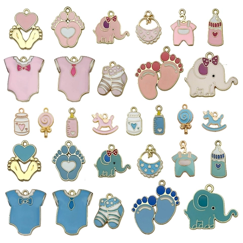 Colgantes de Aleación de Esmalte con Tema de Bebé de Dibujos Animados DIY Dijes Elefante Biberón Ropa Huella para Joyería