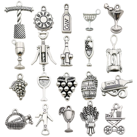 Vintage Zinc Alloy Wine Theme Charms For Jewelry Making DIY Bottle Cup Opener Grapes Pendants Necklace Bracelet Supplies