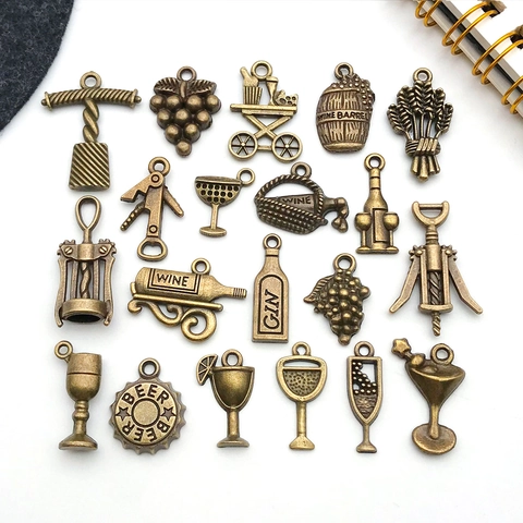 Vintage Antique Bronze Alloy Wine Theme Pendants Charms For DIY Necklace Jewelry Making Accessories Wine Bottle Glass Barrel