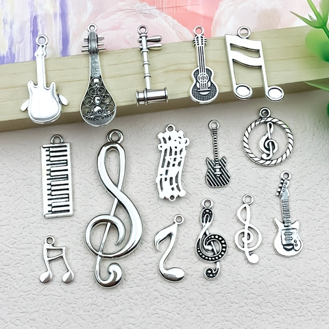 Antiek Zilveren DIY Muziekinstrument Zinklegering Hangers Muzieknoot Gitaar Piano Viool Bedels Voor Sieraden Maken DIY Knutselen