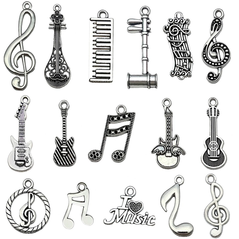 Antiek Zilveren DIY Muziekinstrument Zinklegering Hangers Muzieknoot Gitaar Piano Viool Bedels Voor Sieraden Maken DIY Knutselen