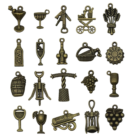 Vintage Alloy Wine Series Pendants Charms For DIY Jewelry Making Antique Bronze Wine Bottle Glass Corkscrew Design Accessories