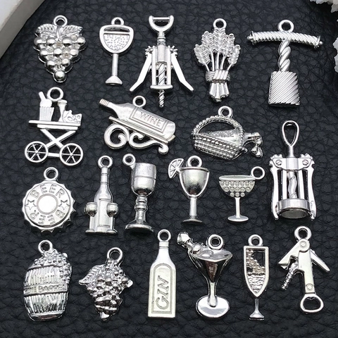 Vintage Alloy Wine Theme Charms Grapes Wine Cup Bottle Corkscrew Pendants For DIY Necklace Bracelet Jewelry Making Accessories