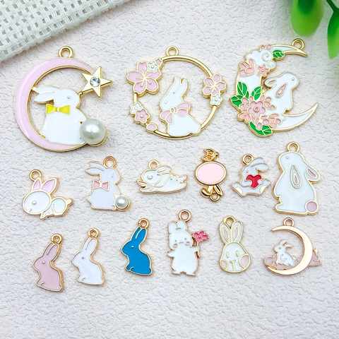 Cute Cartoon Rabbit Moon Sakura Enamel Alloy Charms For Easter Mid-Autumn Festival DIY Jewelry Making Keychain Pendant Accessories