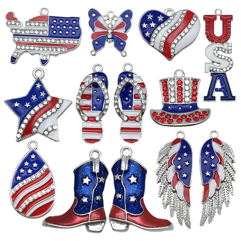 USA Independence Day Alloy Enamel Rhinestone Pendants Heart Star Map Jewelry Making Accessories For DIY Earrings Keychain