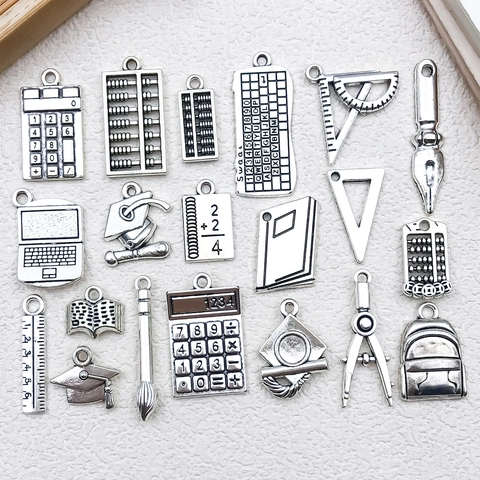 Vintage Zinc Alloy Stationery Pendants Antique Silver Graduation Cap Calculator Ruler Book Charms For DIY Jewelry Making