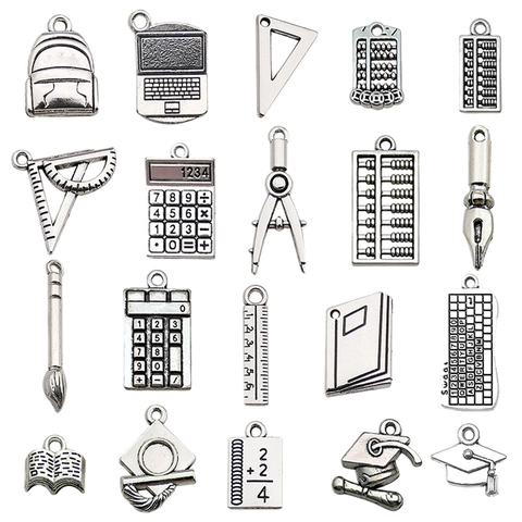 Vintage Zinc Alloy Stationery Pendants Antique Silver Graduation Cap Calculator Ruler Book Charms For DIY Jewelry Making