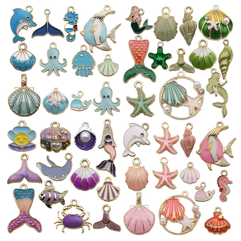 Ocean Theme Zinc Alloy Enamel Charms For Jewelry Making DIY Marine Animal Starfish Shell Dolphin Mermaid Pendants Findings