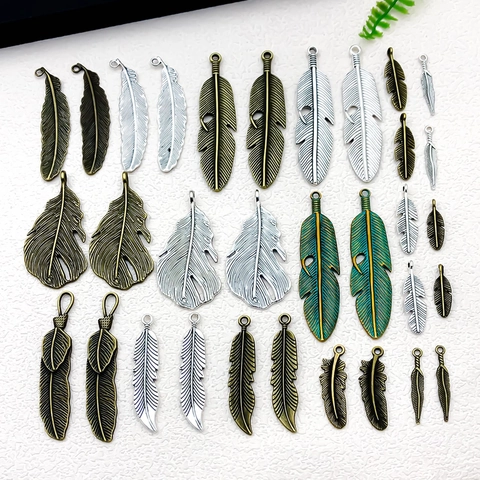 Vintage Zinc Alloy Feather Leaf Pendants Antique Bronze Silver Charms For DIY Necklace Earring Keychain Jewelry Making