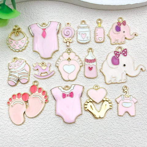 Dijes de Tema de Bebé de Aleación de Zinc Esmaltada DIY Elefante Biberón Huella Colgantes para Creación de Joyas Collar Pendiente Artesanía