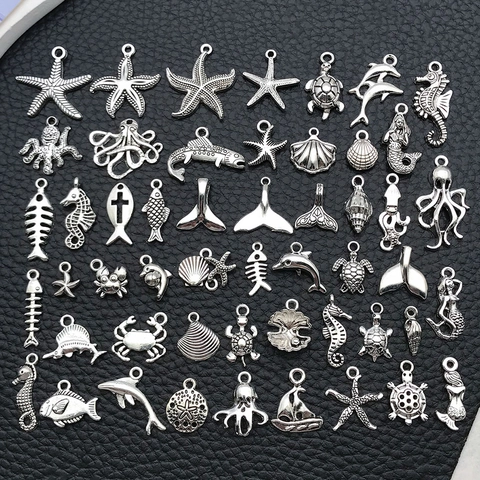 Antique Silver Ocean Theme Marine Life Alloy Pendants For DIY Jewelry Making Necklace Bracelet Earring Charms Seahorse Shell
