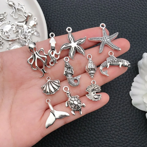 Antique Silver Ocean Theme Marine Life Alloy Pendants For DIY Jewelry Making Necklace Bracelet Earring Charms Seahorse Shell
