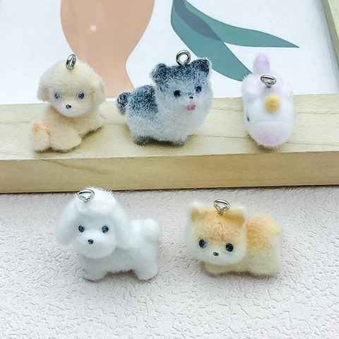 Cute Flocked Resin Animal Pendants For DIY Jewelry Making Keychain Phone Case Charms Puppy Rabbit Unicorn Mixed Decor
