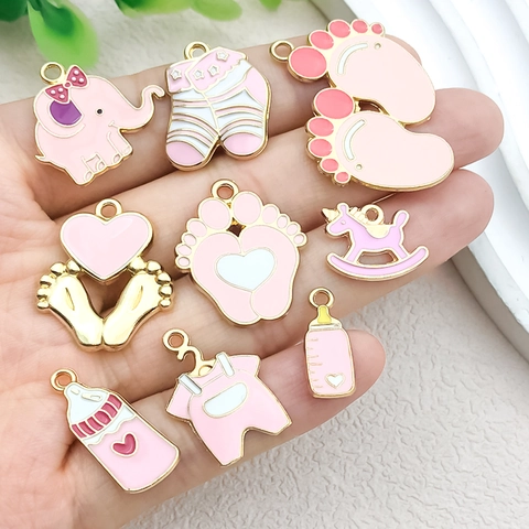Dijes de Tema de Bebé de Aleación de Zinc Esmaltada DIY Elefante Biberón Huella Colgantes para Creación de Joyas Collar Pendiente Artesanía