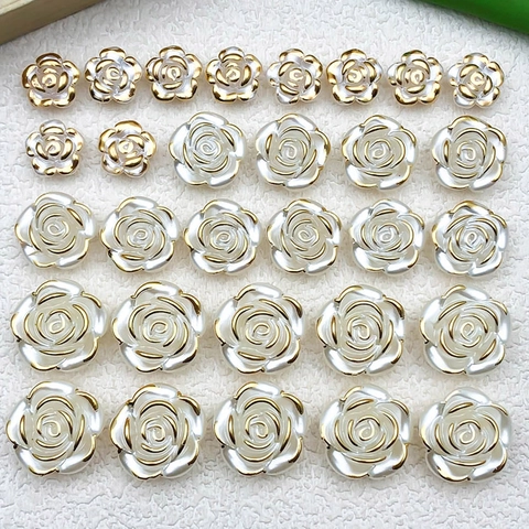 Vintage Acrylic Camellia Rose Flower Beads White Artificial Pearl Gold Edge Perforated DIY Jewelry Making Accessories For Earrings Bracelets