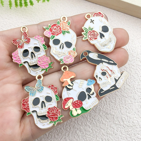 Gothic Halloween Skull Charms Zinc Alloy Enamel Raven Snake Rose Mushroom Pendants For DIY Necklace Bracelet Jewelry Making