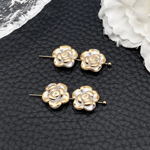 Vintage Acrylic Camellia Rose Flower Beads White Artificial Pearl Gold Edge Perforated DIY Jewelry Making Accessories For Earrings Bracelets