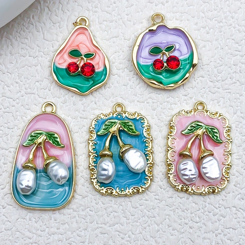 Ciondoli in Lega di Ciliegia e Fiori in Smalto Vintage Per Creazione di Gioielli DIY Collane Orecchini Con Künstliche Perle Artificiali Strass