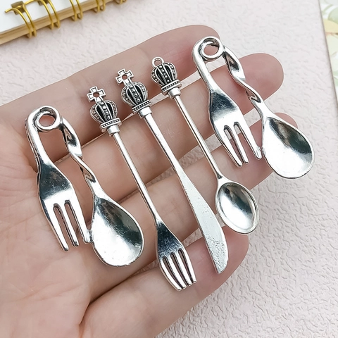 Vintage Antique Silver Zinc Alloy Tableware Charms For DIY Jewelry Making Crown Spoon Fork Knife Pan Pendant Assorted Set