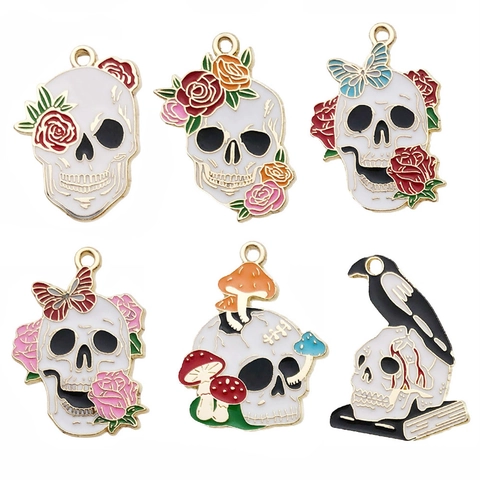 Gothic Halloween Skull Charms Zinc Alloy Enamel Raven Snake Rose Mushroom Pendants For DIY Necklace Bracelet Jewelry Making