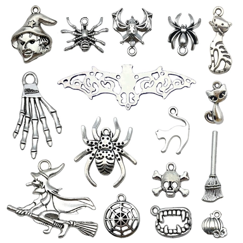 Zinc Alloy Halloween Charms For DIY Jewelry Making Witch Spider Skull Bat Pumpkin Pendants Only Without Chain Decoration