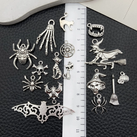 Zinc Alloy Halloween Charms For DIY Jewelry Making Witch Spider Skull Bat Pumpkin Pendants Only Without Chain Decoration
