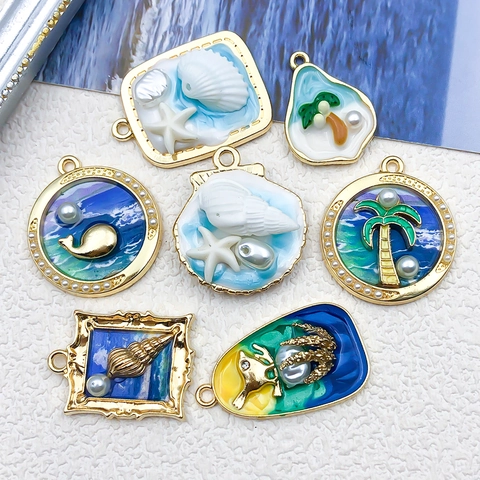 French Vintage Ocean Enamel Pendants Zinc Alloy Marine Charms Starfish Shell Whale Palm Tree For DIY Jewelry Making