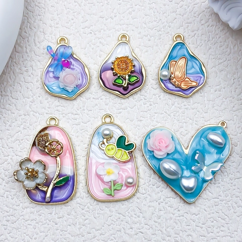 Pendentifs en Alliage Émail Style Jardin de Monet Fleur Papillon Libellule pour Fabrication de Bijoux DIY Collier Bracelet