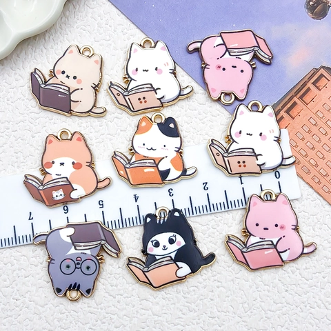 Cartoon Kat Leest Boek Legering Druppelolie Hangers Voor DIY Sleutelhanger Oorbellen Ketting Sieraden Accessoires Veelkleurig