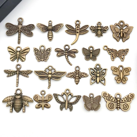 Lot de Pendentifs Insectes Rétro en Alliage de Zinc Papillon Abeille Libellule Bronze Antique Breloques Métalliques pour DIY Bijoux