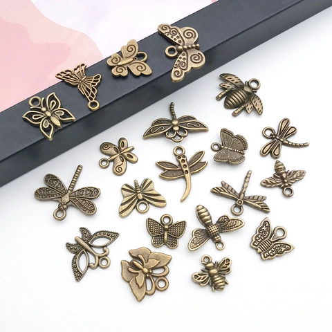 Lot de Pendentifs Insectes Rétro en Alliage de Zinc Papillon Abeille Libellule Bronze Antique Breloques Métalliques pour DIY Bijoux