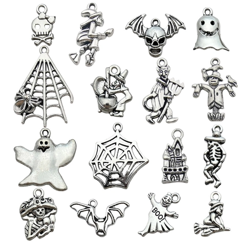 Halloween Zinklegering Cartoon Schedel Geest Vleermuis Spin Bedeltjes Voor DIY Sieraden Maken Antiek Zilver Hangers Accessoires