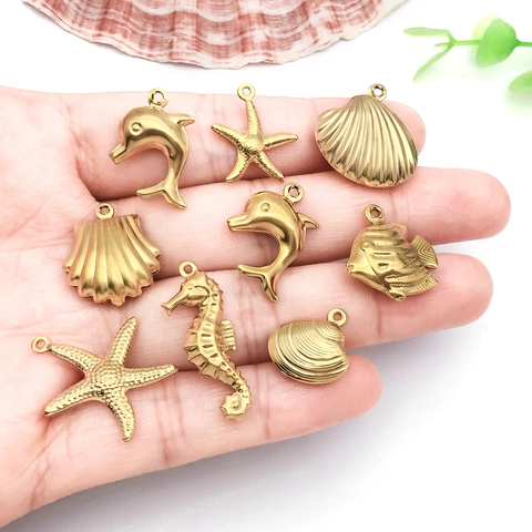Stainless Steel Marine Life Pendants Scallop Seahorse Starfish Dolphin Shell Charms For DIY Necklace Bracelet Jewelry Making