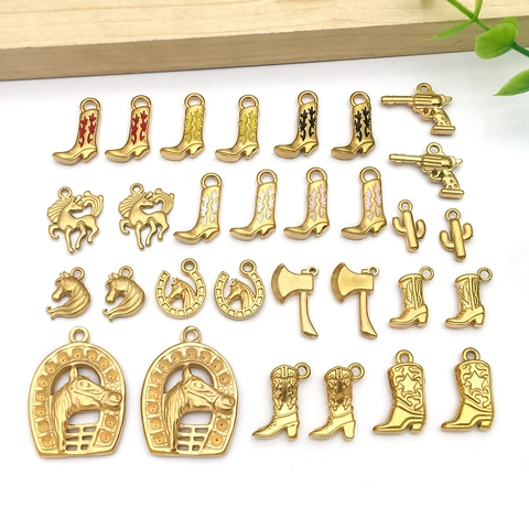 Stainless Steel Western Cowboy Pendants Gold Plated Boot Gun Horse Cactus Axe Charms For DIY Earrings Necklace Jewelry Making