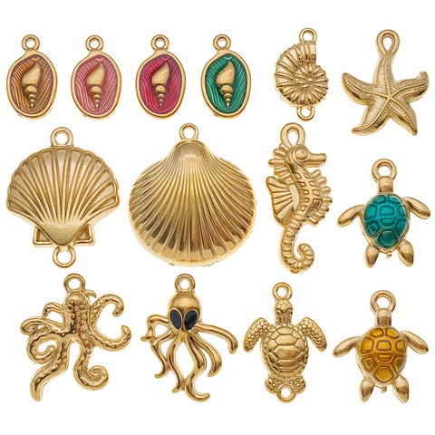 Pendentifs en Acier Inoxydable Série Océan Marine Accessoires Bijoux DIY Poulpe Hippocampe Tortue Coquillage Émail